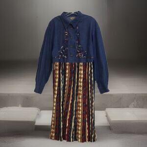 Denim Blue/Multi Size 16 Maxi Dress Vintage Fall Colors Modest USA L/SLV FT LTD